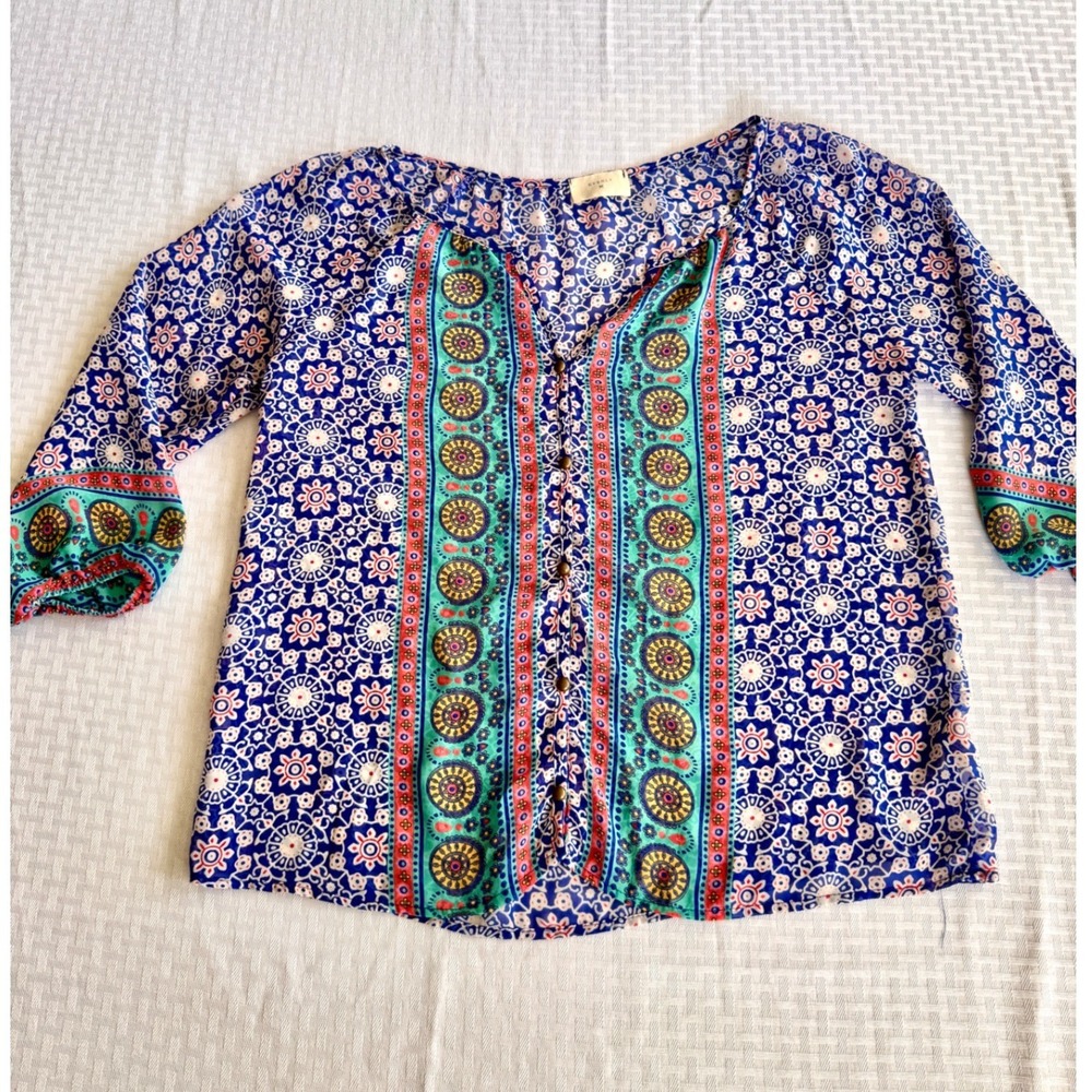 Everly Boho Paisley Floral Tile Print Blouse Blue Red Small T8255